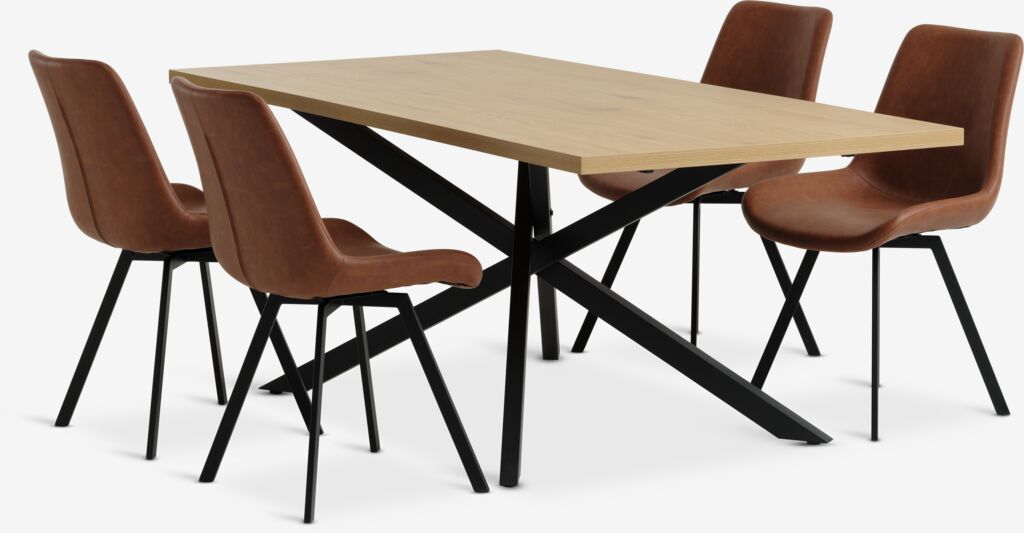 NORTOFT D200 stol topli hrast + 4 HYGUM konjak/crna