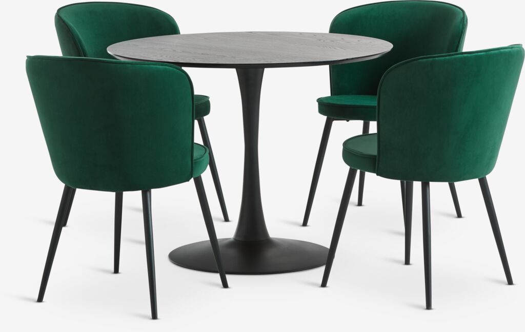 RINGSTED Ø100 stol crna + 4 RISSKOV tamnozelena