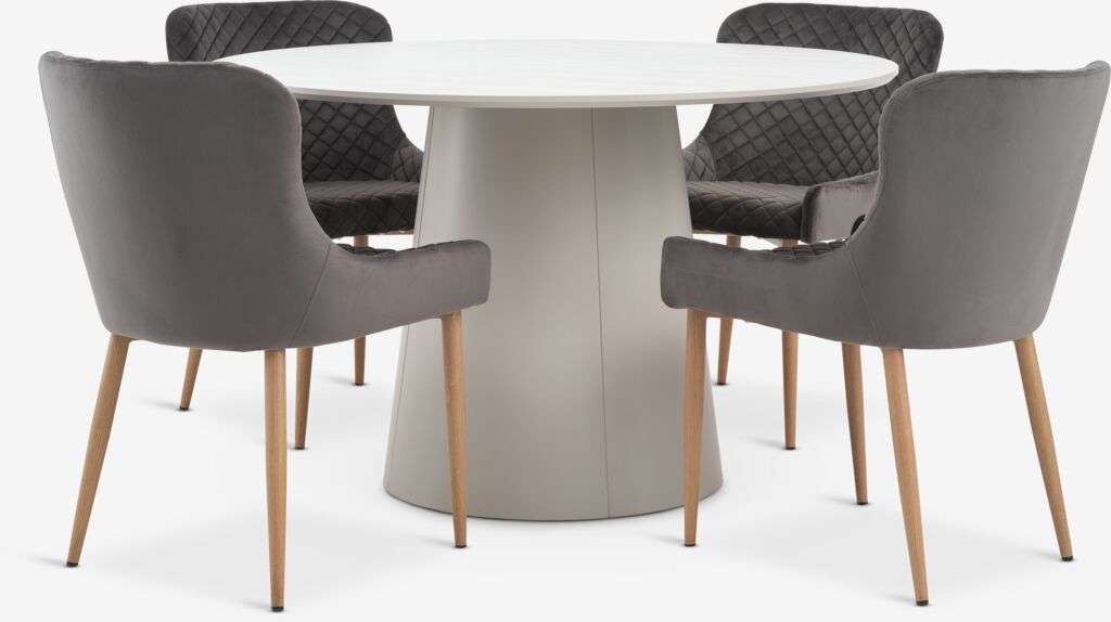 KLIPLEV Ø120 stol travertin + 4 PEBRINGE baršun siva