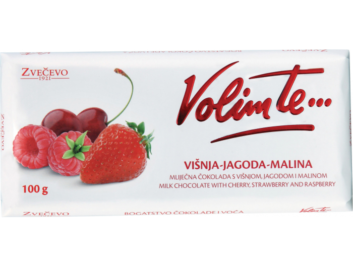 Zvečevo Volim te čokolada višnja jagoda malina 100 g